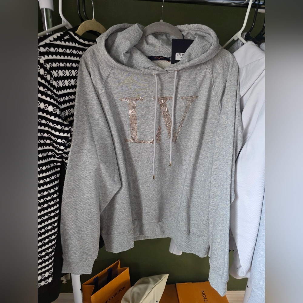 New Gray Hoodie with Bling LV Logo Medium